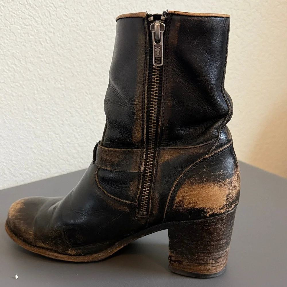 Frye Distressed Black Leather Mid Calf Boots with Buckle Detail - Picture 6 of 16